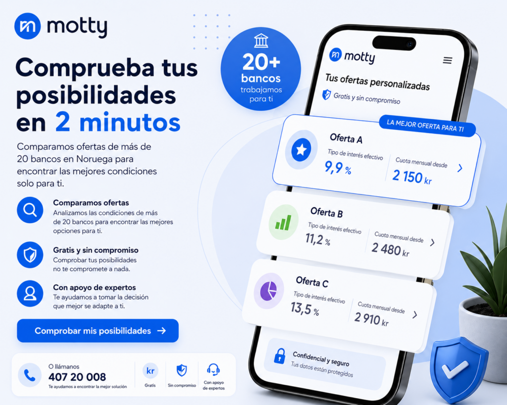 Infografía en español de Motty sobre la posibilidad de comprobar ofertas personalizadas de más de 20 bancos en Noruega en 2 minutos, gratis y sin compromiso.