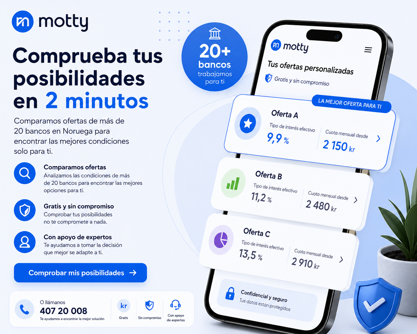 Infografía en español de Motty sobre la posibilidad de comprobar ofertas personalizadas de más de 20 bancos en Noruega en 2 minutos, gratis y sin compromiso.