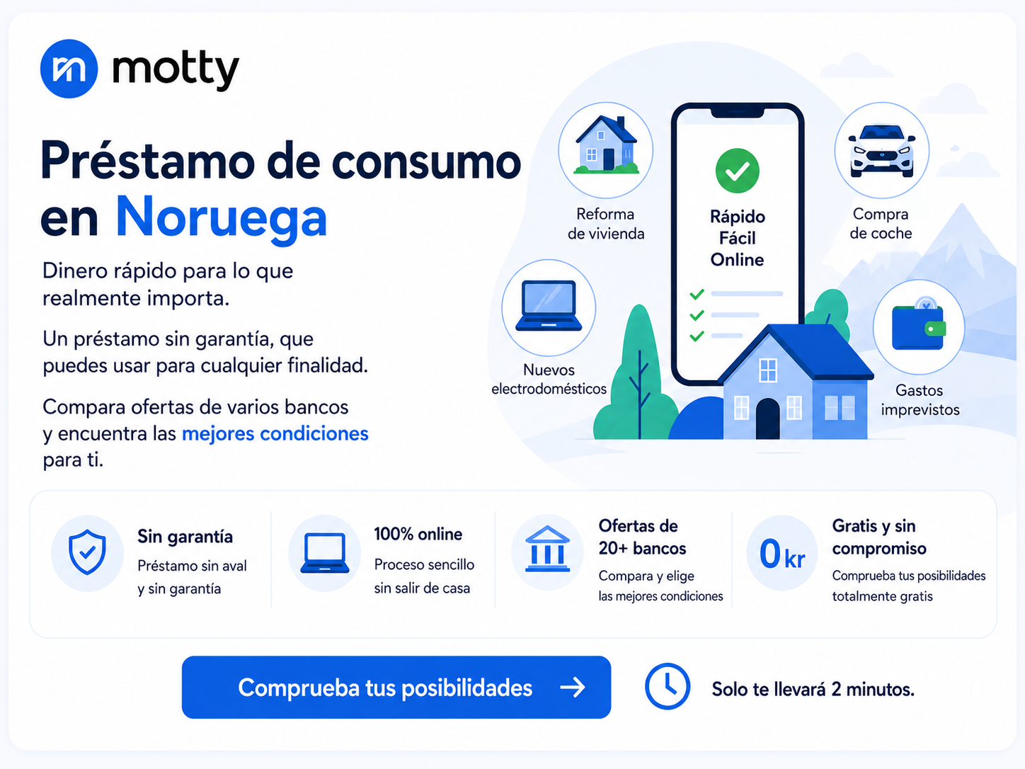 Préstamo de consumo en Noruega sin garantía, 100% online, con ofertas de más de 20 bancos y posibilidad de comprobar condiciones gratis con Motty.