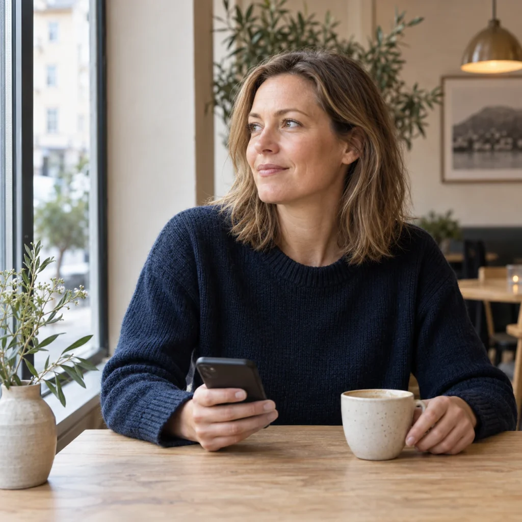 Kvinne med mobiltelefon ved et kafébord.